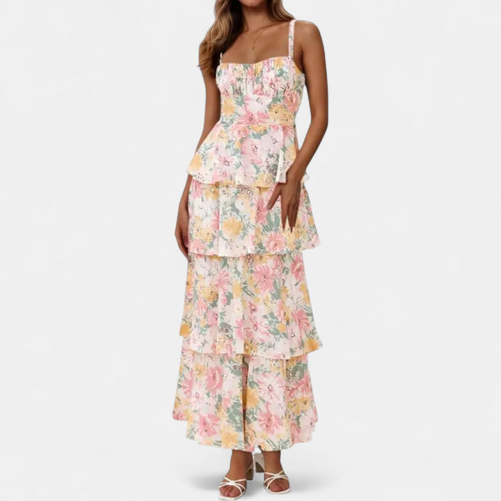 Women's Floral Wedding Guest Maxi Dress, Tiered Spaghetti Strap