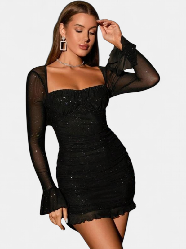 Women's Long Sleeve Cocktail Mini Dress, Glitter Lace Bodycon