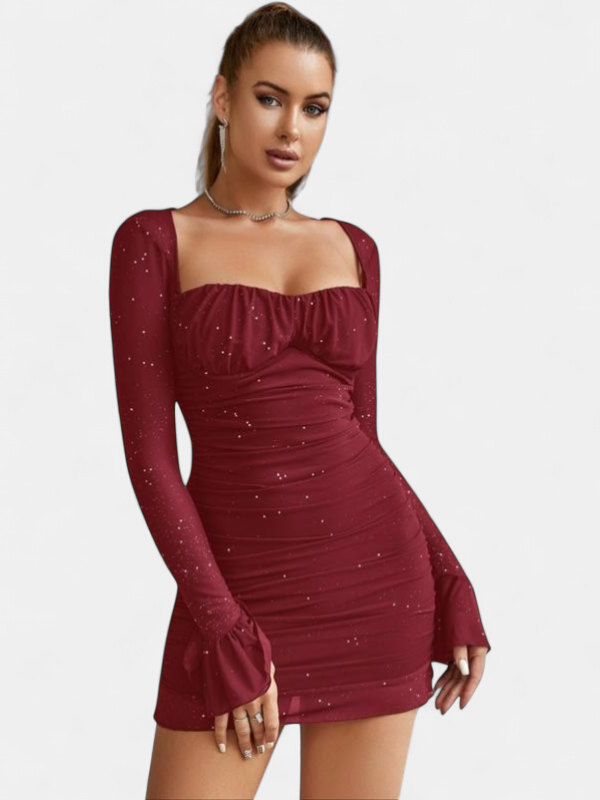 Women's Long Sleeve Cocktail Mini Dress, Glitter Lace Bodycon