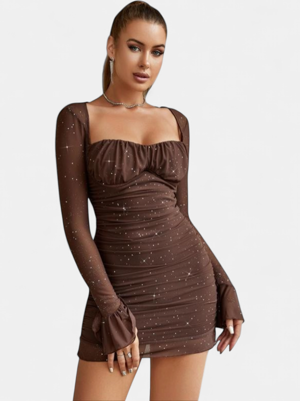 Women's Long Sleeve Cocktail Mini Dress, Glitter Lace Bodycon