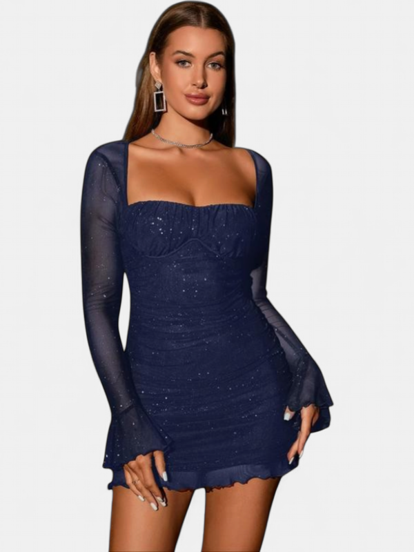 Women's Long Sleeve Cocktail Mini Dress, Glitter Lace Bodycon