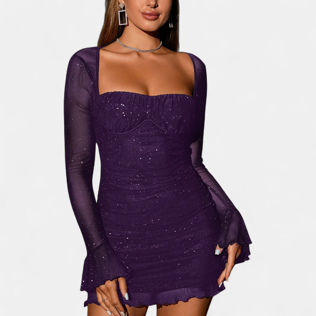 Women's Long Sleeve Cocktail Mini Dress, Glitter Lace Bodycon