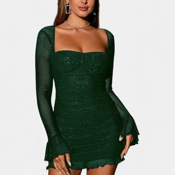 Women's Long Sleeve Cocktail Mini Dress, Glitter Lace Bodycon