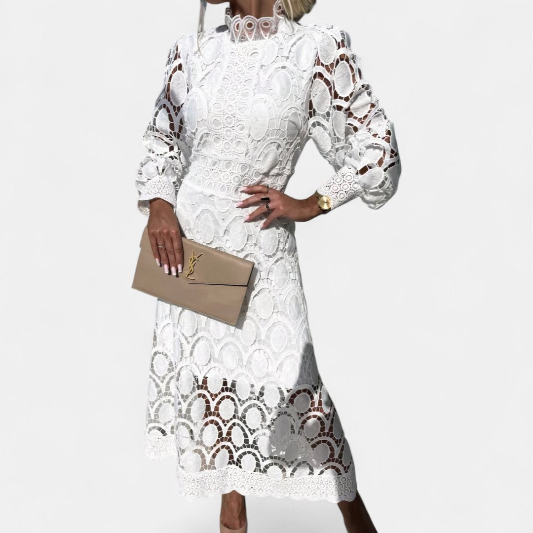 Women's Long Sleeve Wedding Guest Midi Dress, Crochet Lace