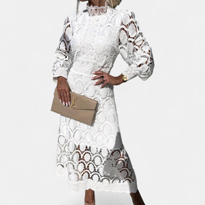 Women's Long Sleeve Wedding Guest Midi Dress, Crochet Lace
