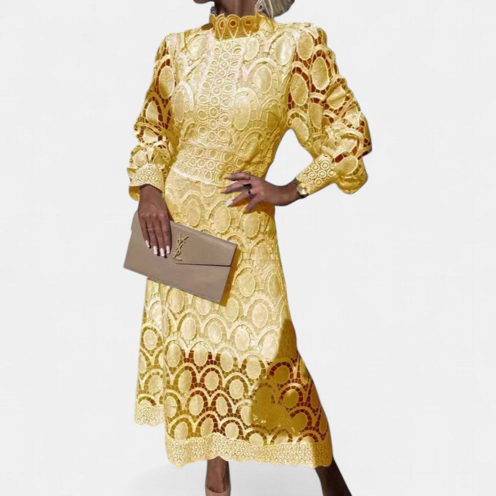Women's Long Sleeve Wedding Guest Midi Dress, Crochet Lace