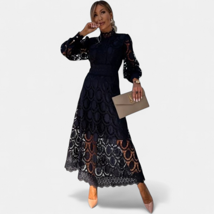 Women's Long Sleeve Wedding Guest Midi Dress, Crochet Lace