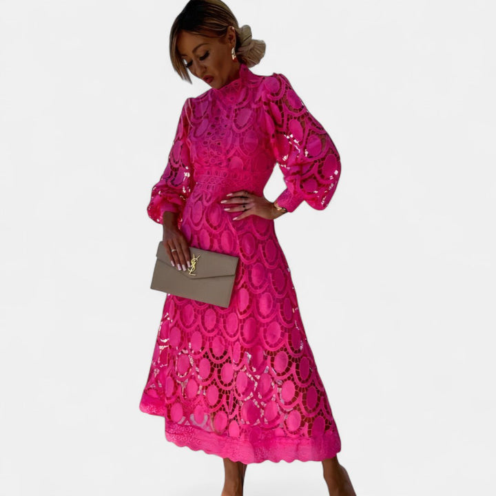 Women's Long Sleeve Wedding Guest Midi Dress, Crochet Lace