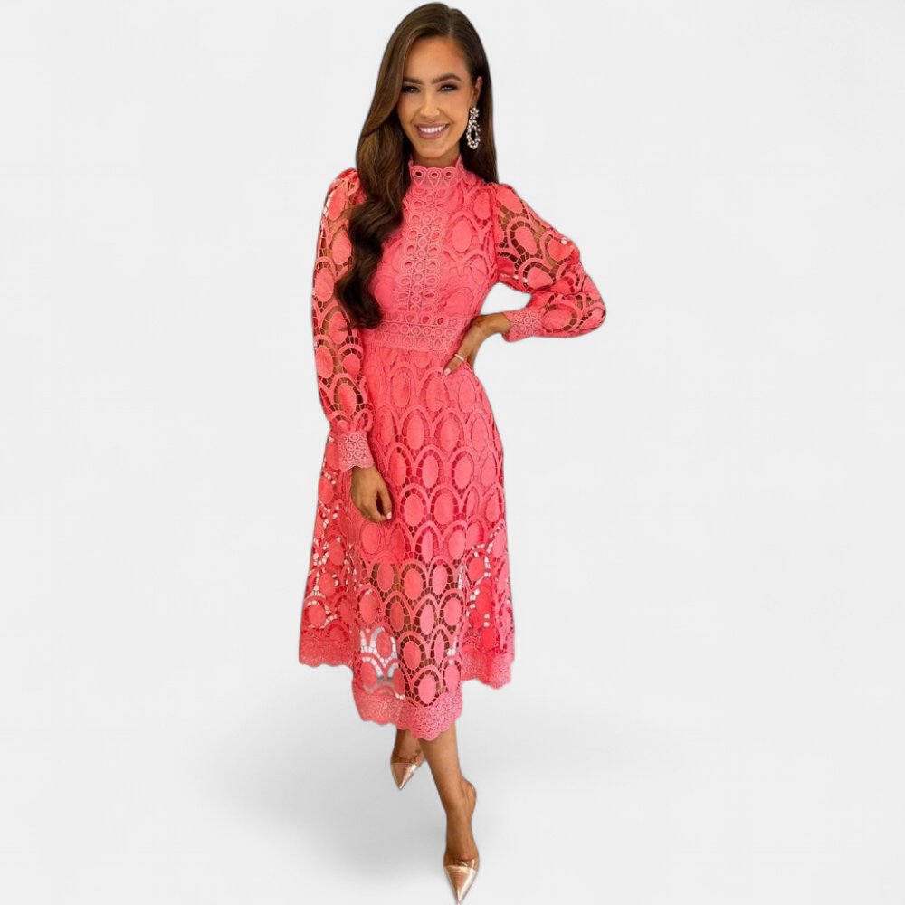 Women's Long Sleeve Wedding Guest Midi Dress, Crochet Lace