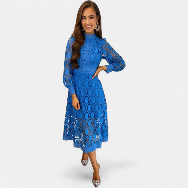 Women's Long Sleeve Wedding Guest Midi Dress, Crochet Lace