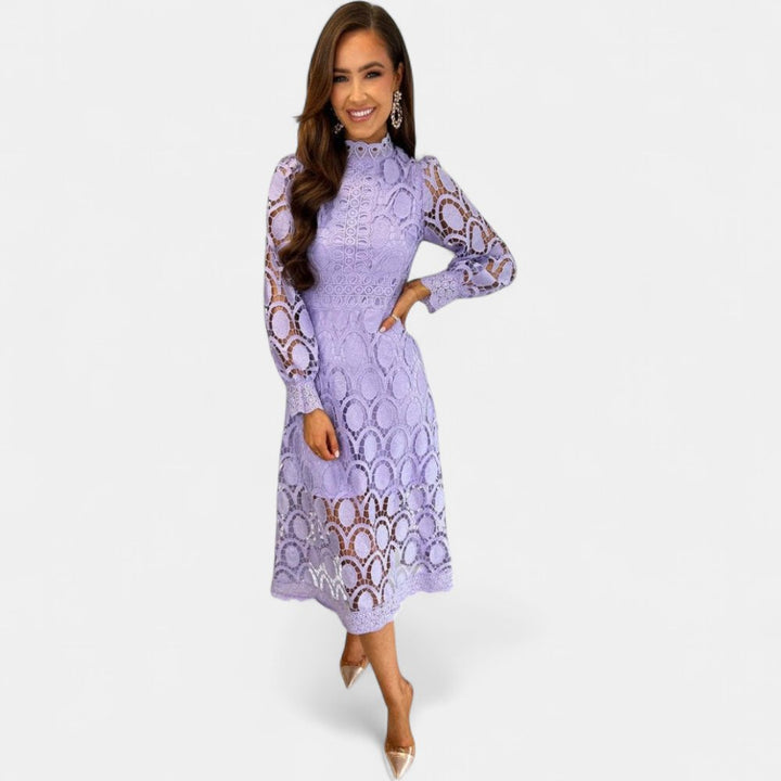 Women's Long Sleeve Wedding Guest Midi Dress, Crochet Lace