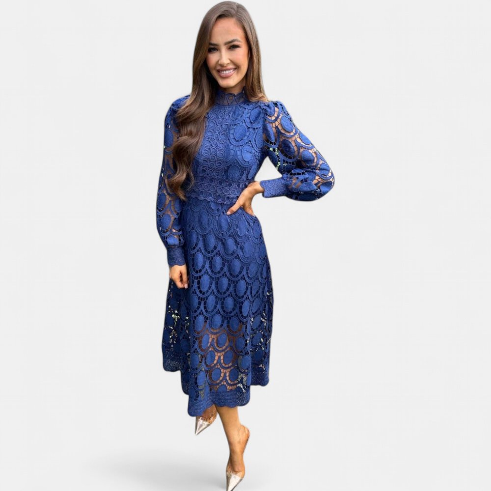 Women's Long Sleeve Wedding Guest Midi Dress, Crochet Lace
