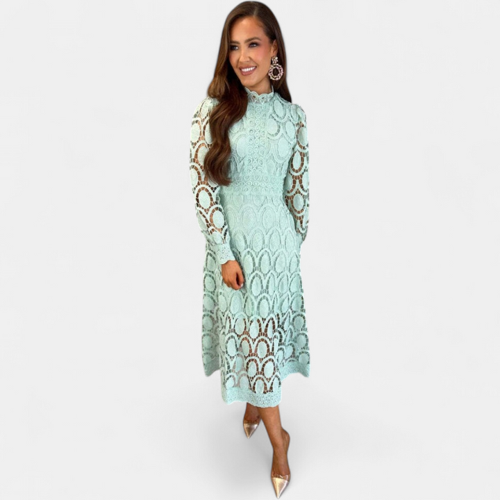 Women's Long Sleeve Wedding Guest Midi Dress, Crochet Lace