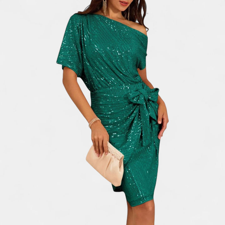 Women's Sequin Cocktail Dress, One Shoulder Knee Length