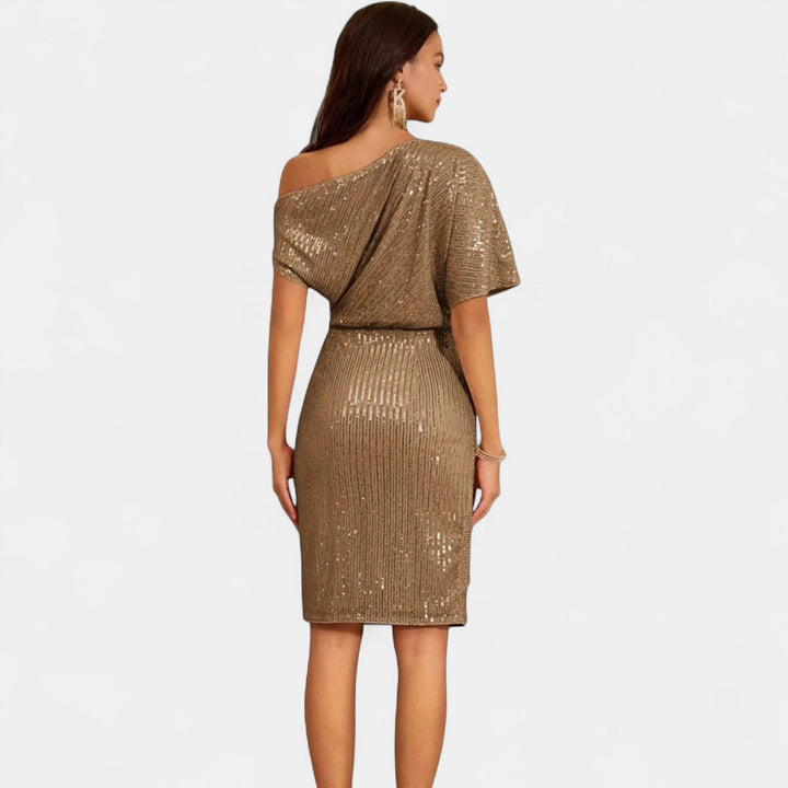 Women's Sequin Cocktail Dress, One Shoulder Knee Length