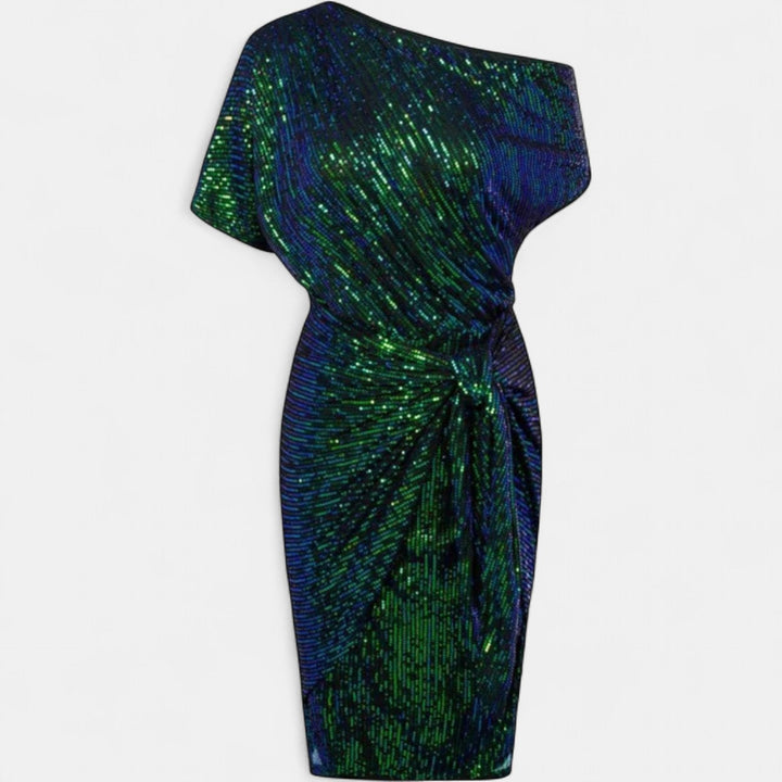 Women's Sequin Cocktail Dress, One Shoulder Knee Length