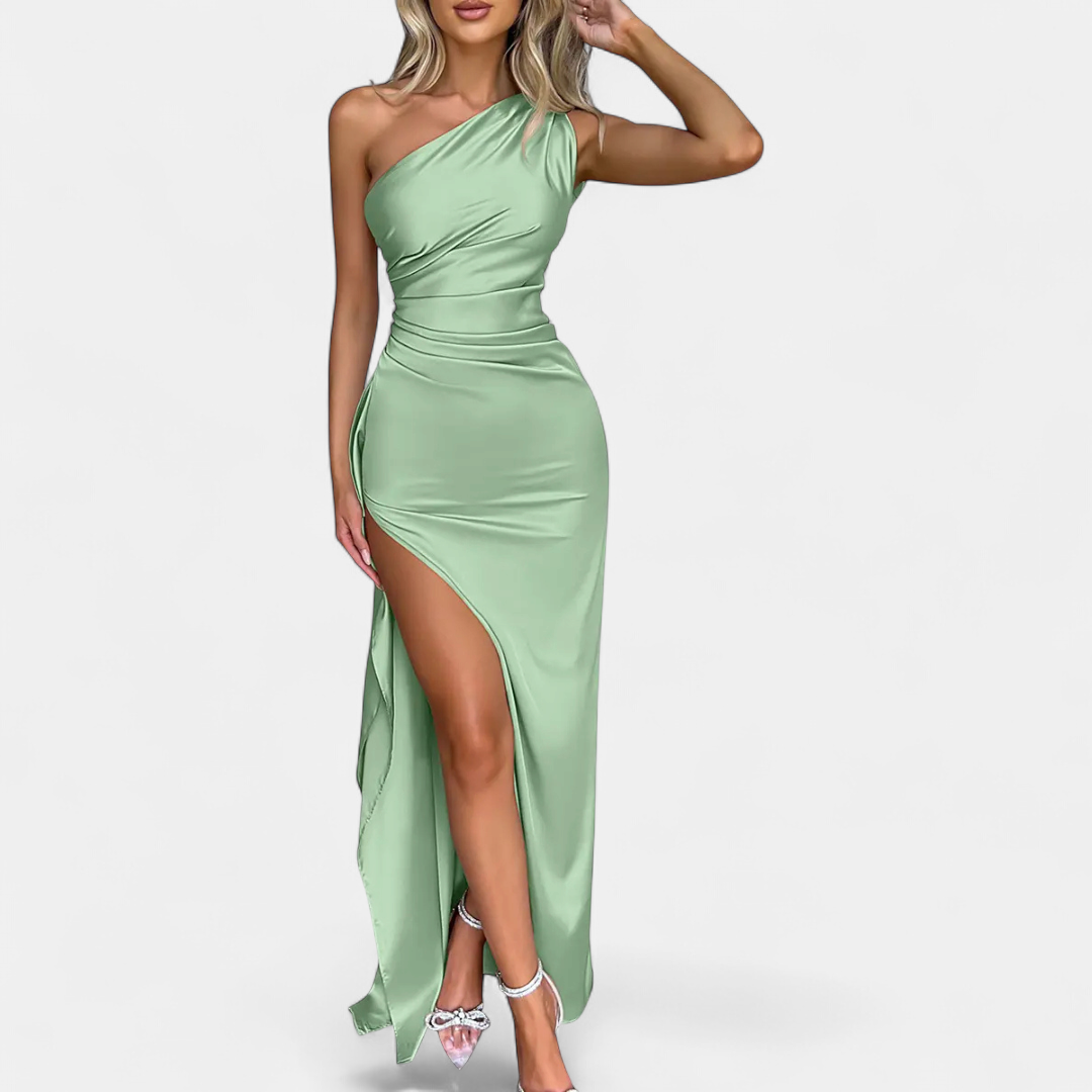 Women's Satin Cocktail Maxi Dress, One Shoulder Thigh Slit
