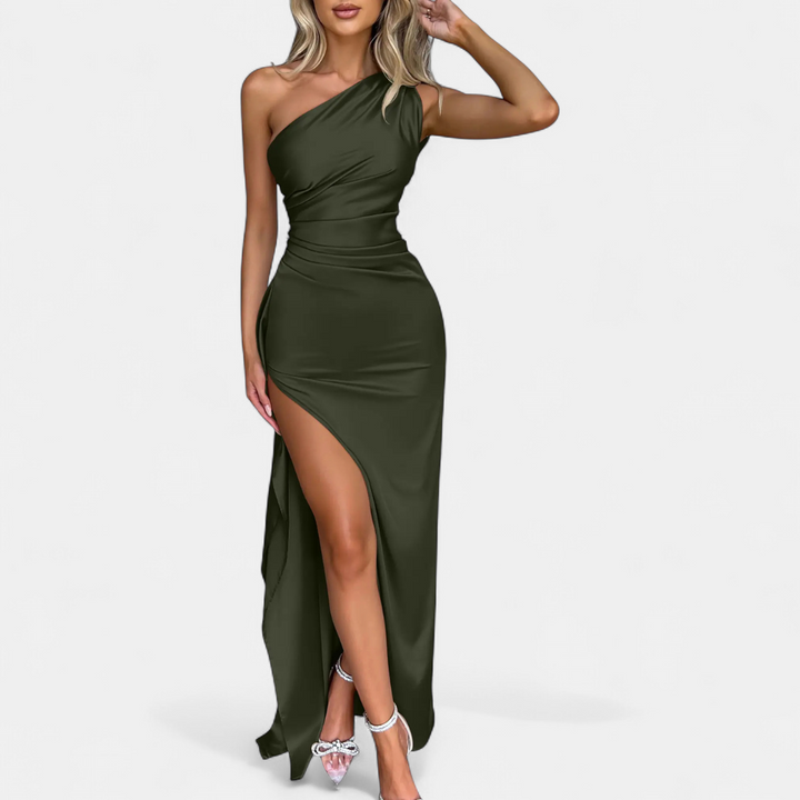 Women's Satin Cocktail Maxi Dress, One Shoulder Thigh Slit