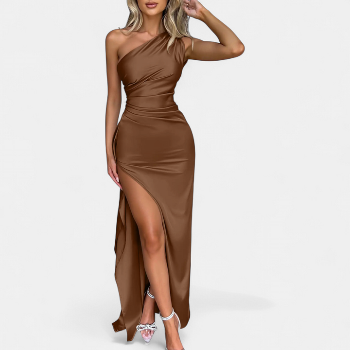 Women's Satin Cocktail Maxi Dress, One Shoulder Thigh Slit