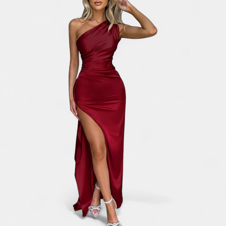 Women's Backless Satin Cocktail Maxi Dress, One Shoulder High Slit