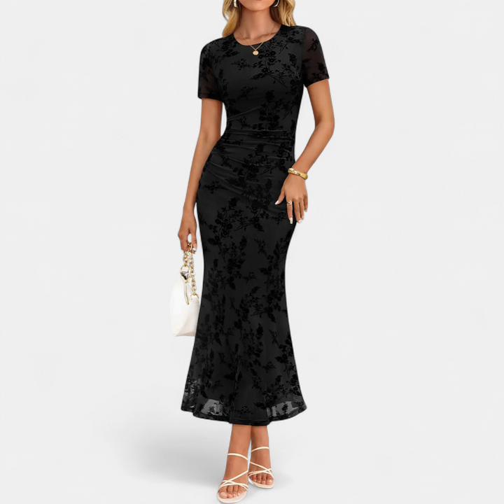 Women's Floral Cocktail Maxi Dress, Short Sleeve Fitted Mermaid