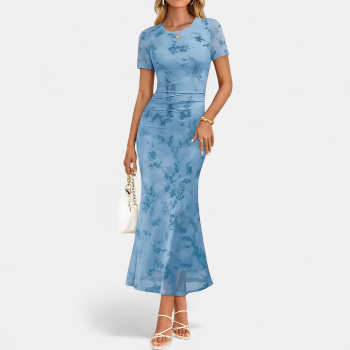 Women's Floral Cocktail Maxi Dress, Short Sleeve Fitted Mermaid