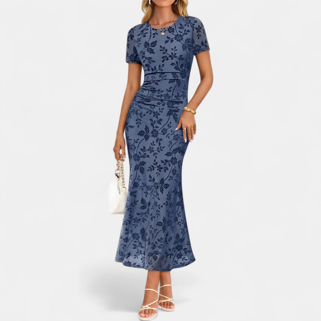 Women's Floral Cocktail Maxi Dress, Short Sleeve Fitted Mermaid