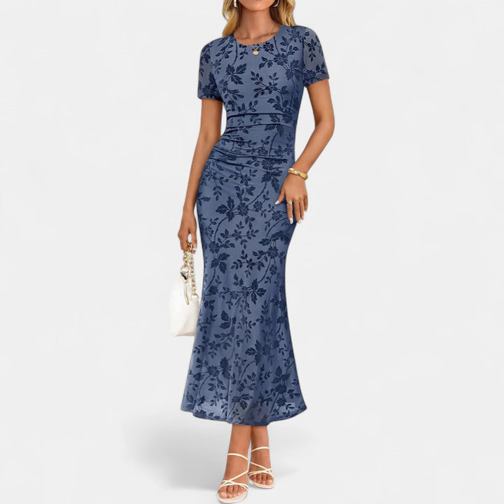 Women's Floral Cocktail Maxi Dress, Short Sleeve Fitted Mermaid