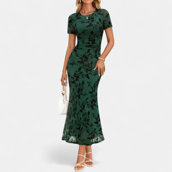 Women's Floral Cocktail Maxi Dress, Short Sleeve Fitted Mermaid