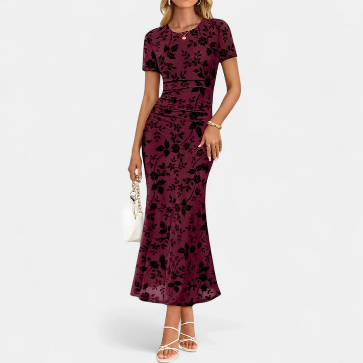 Women's Floral Cocktail Maxi Dress, Short Sleeve Fitted Mermaid