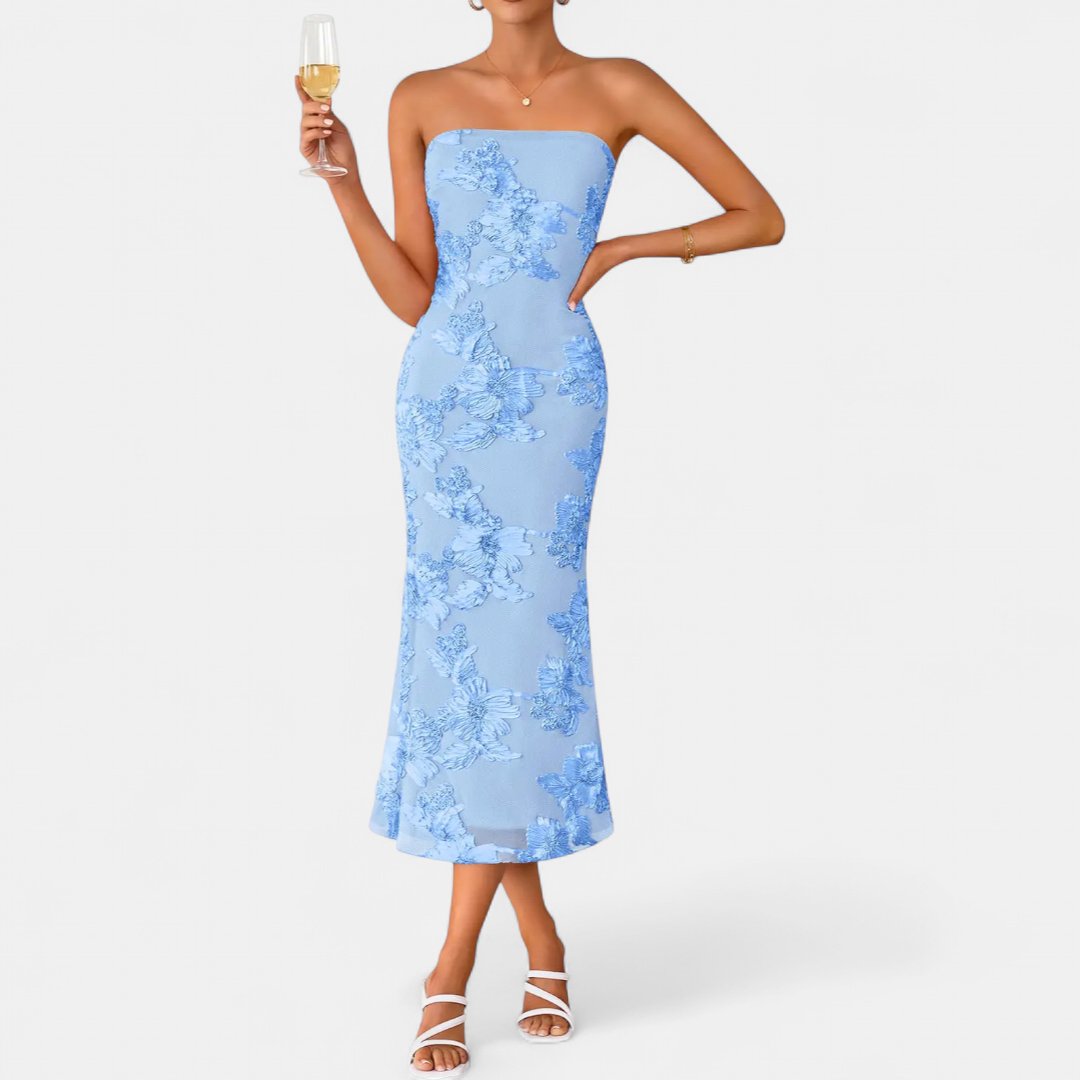 Women's Strapless Cocktail Midi Dress, 3D Floral Bodycon