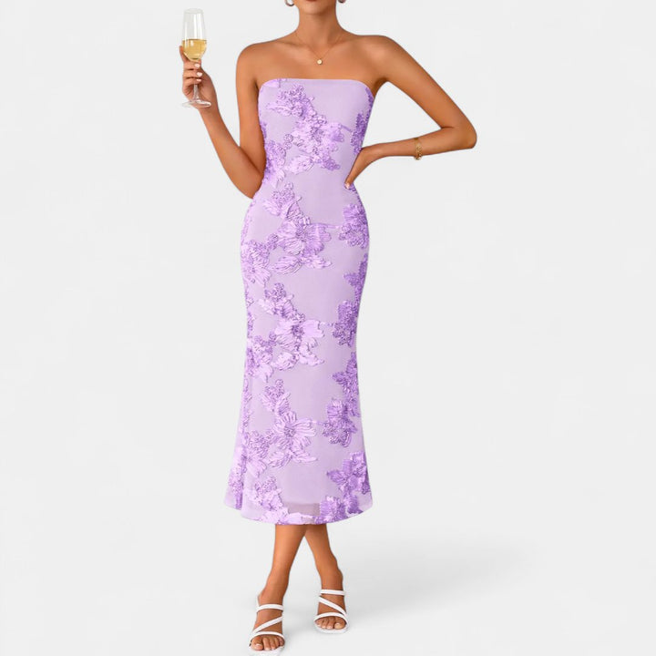 Women's Strapless Cocktail Midi Dress, 3D Floral Bodycon