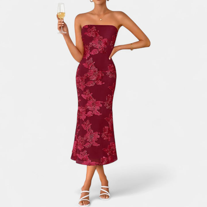 Women's Strapless Cocktail Midi Dress, 3D Floral Bodycon