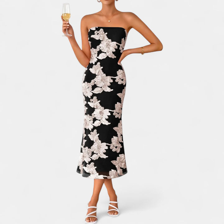 Women's Strapless Cocktail Midi Dress, 3D Floral Bodycon