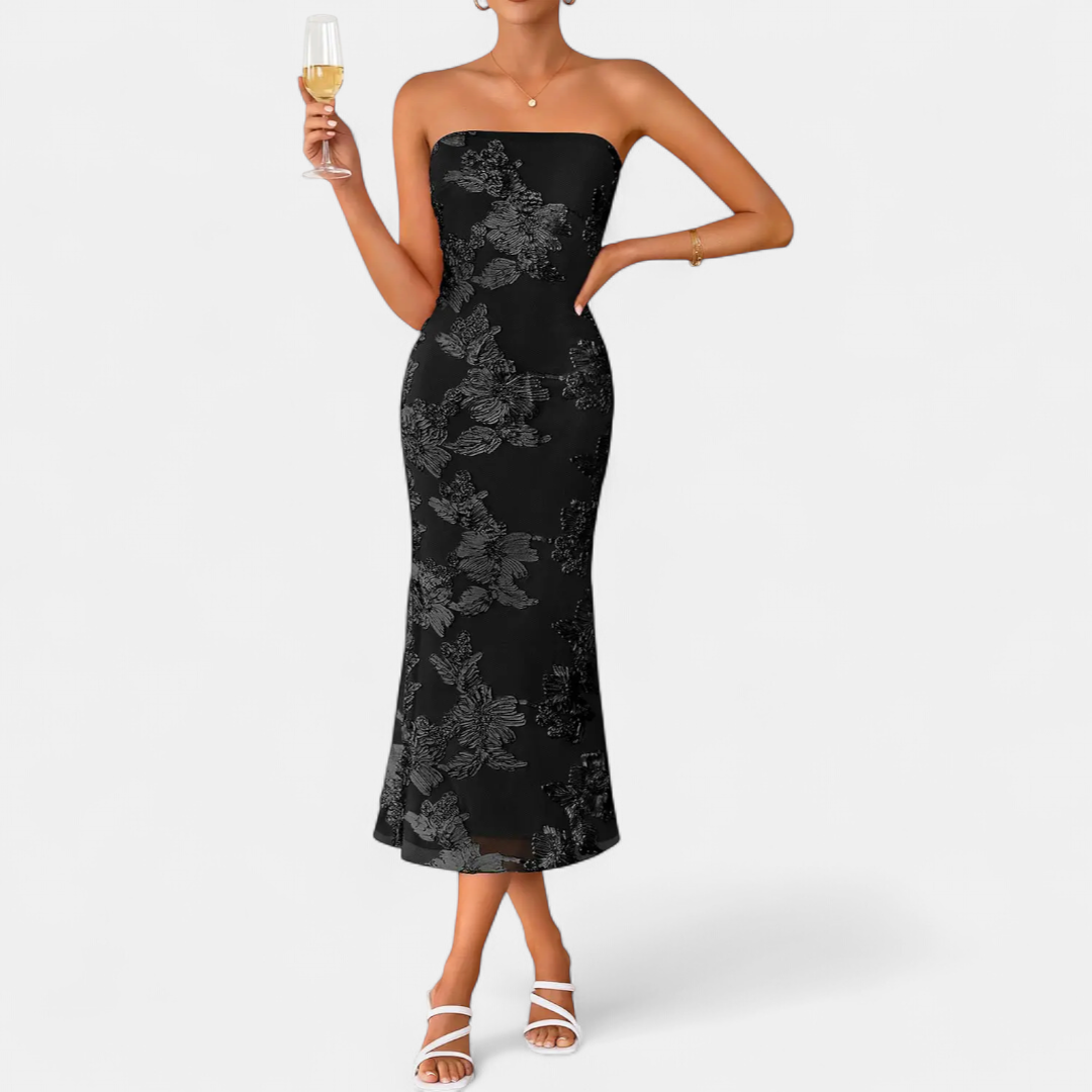 Women's Strapless Cocktail Midi Dress, 3D Floral Bodycon