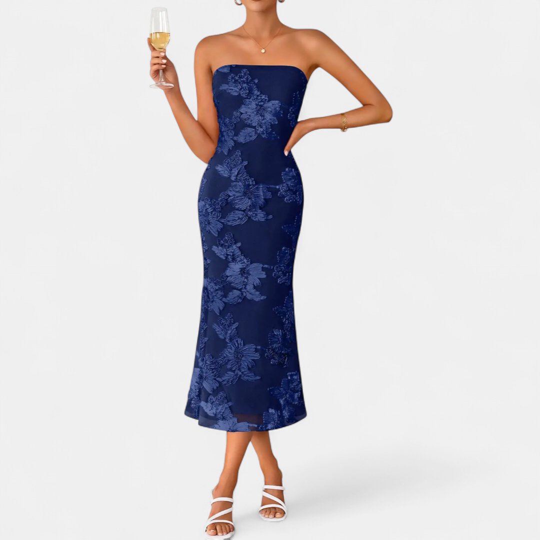 Women's Strapless Cocktail Midi Dress, 3D Floral Bodycon