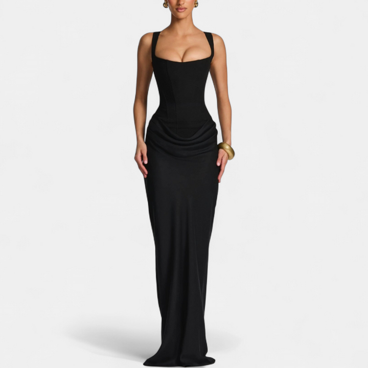 Women's Corset Wedding Guest Maxi Dress, Square Neck Fitted