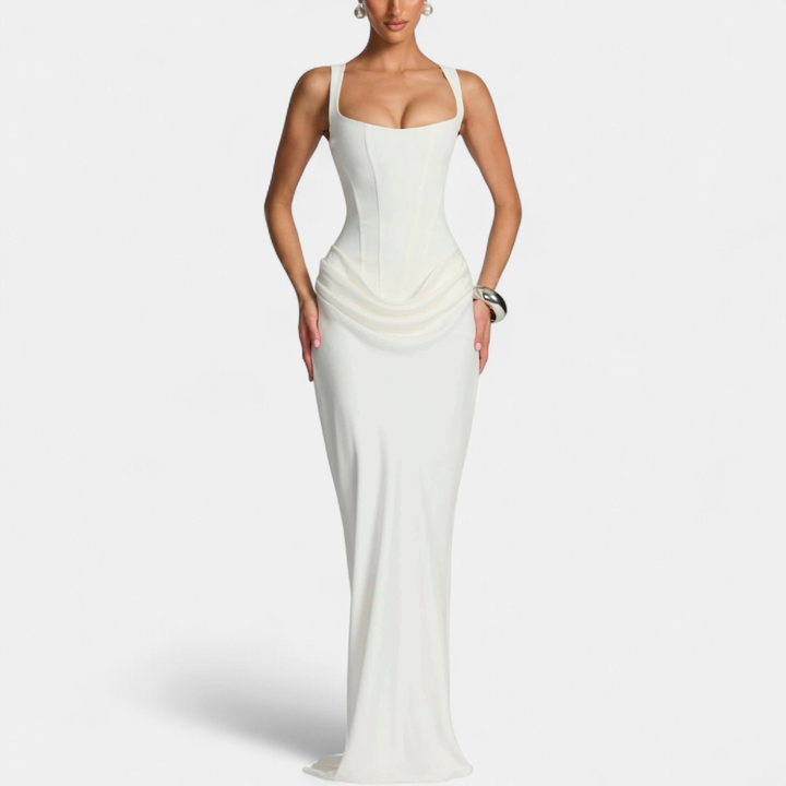 Women's Corset Wedding Guest Maxi Dress, Square Neck Fitted