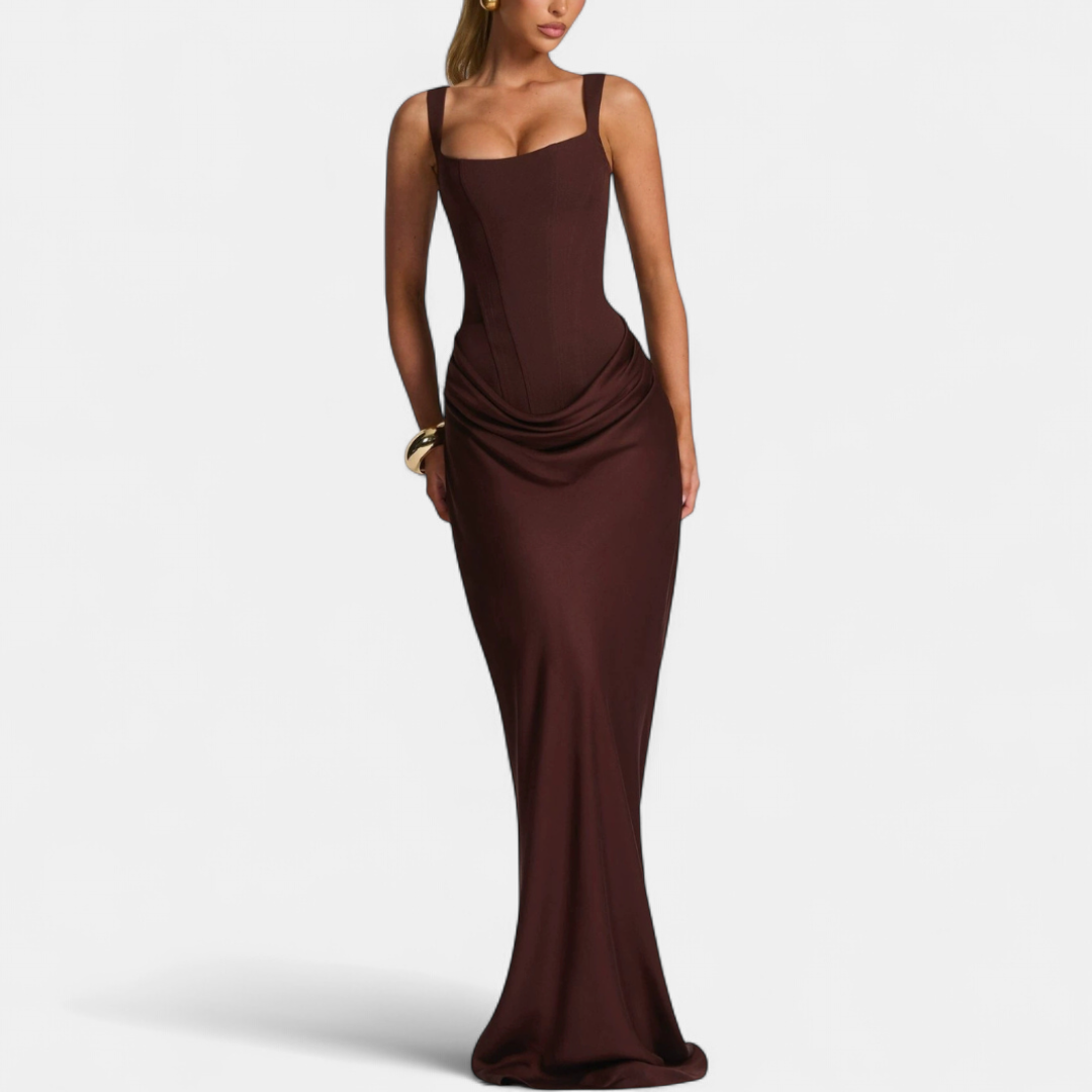 Women's Corset Wedding Guest Maxi Dress, Square Neck Fitted