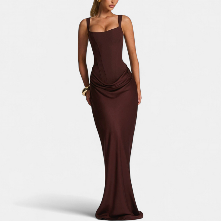 Women's Corset Wedding Guest Maxi Dress, Square Neck Fitted