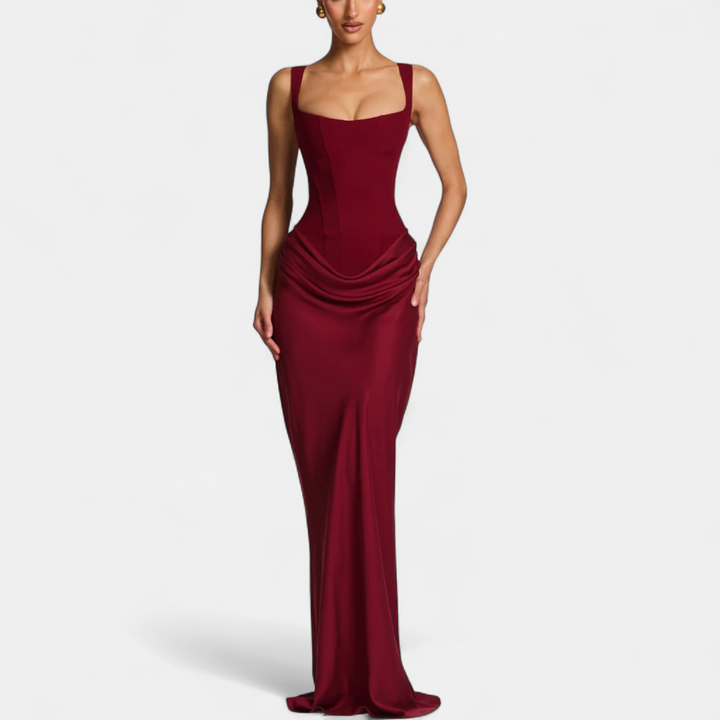 Women's Corset Wedding Guest Maxi Dress, Square Neck Fitted