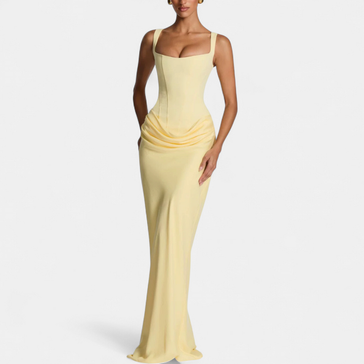 Women's Corset Wedding Guest Maxi Dress, Square Neck Fitted