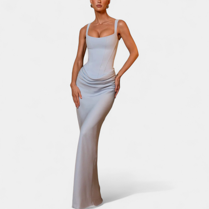 Women's Corset Wedding Guest Maxi Dress, Square Neck Fitted