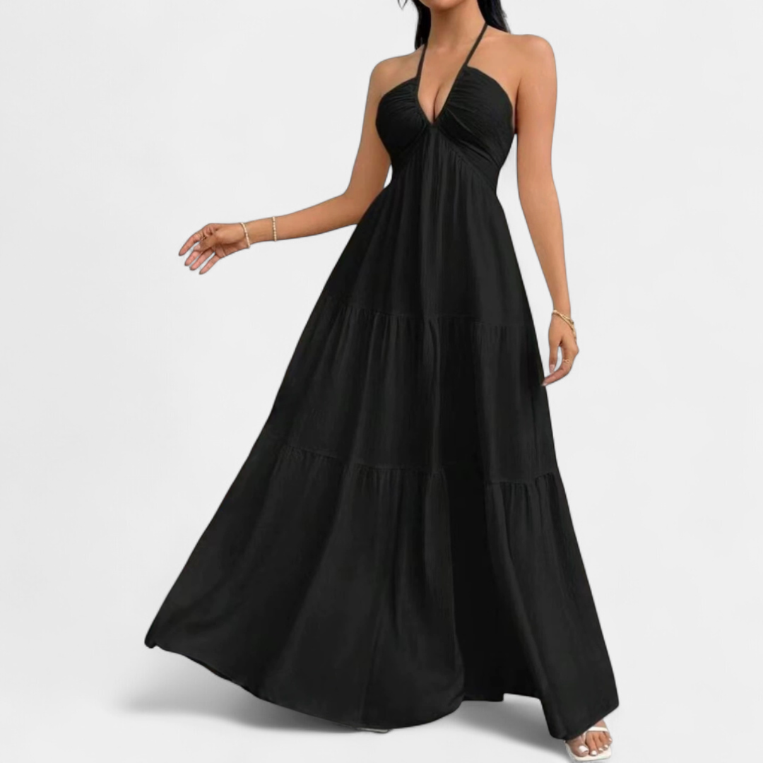 Women's Deep V Wedding Guest Maxi Dress, Halter Backless Tiered