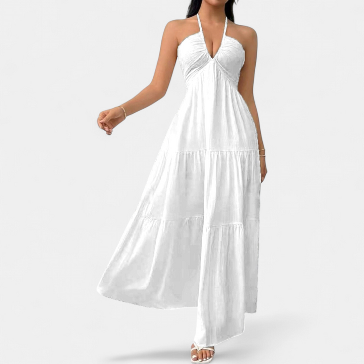 Women's Deep V Wedding Guest Maxi Dress, Halter Backless Tiered