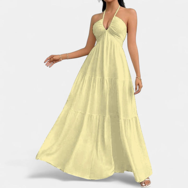 Women's Deep V Wedding Guest Maxi Dress, Halter Backless Tiered