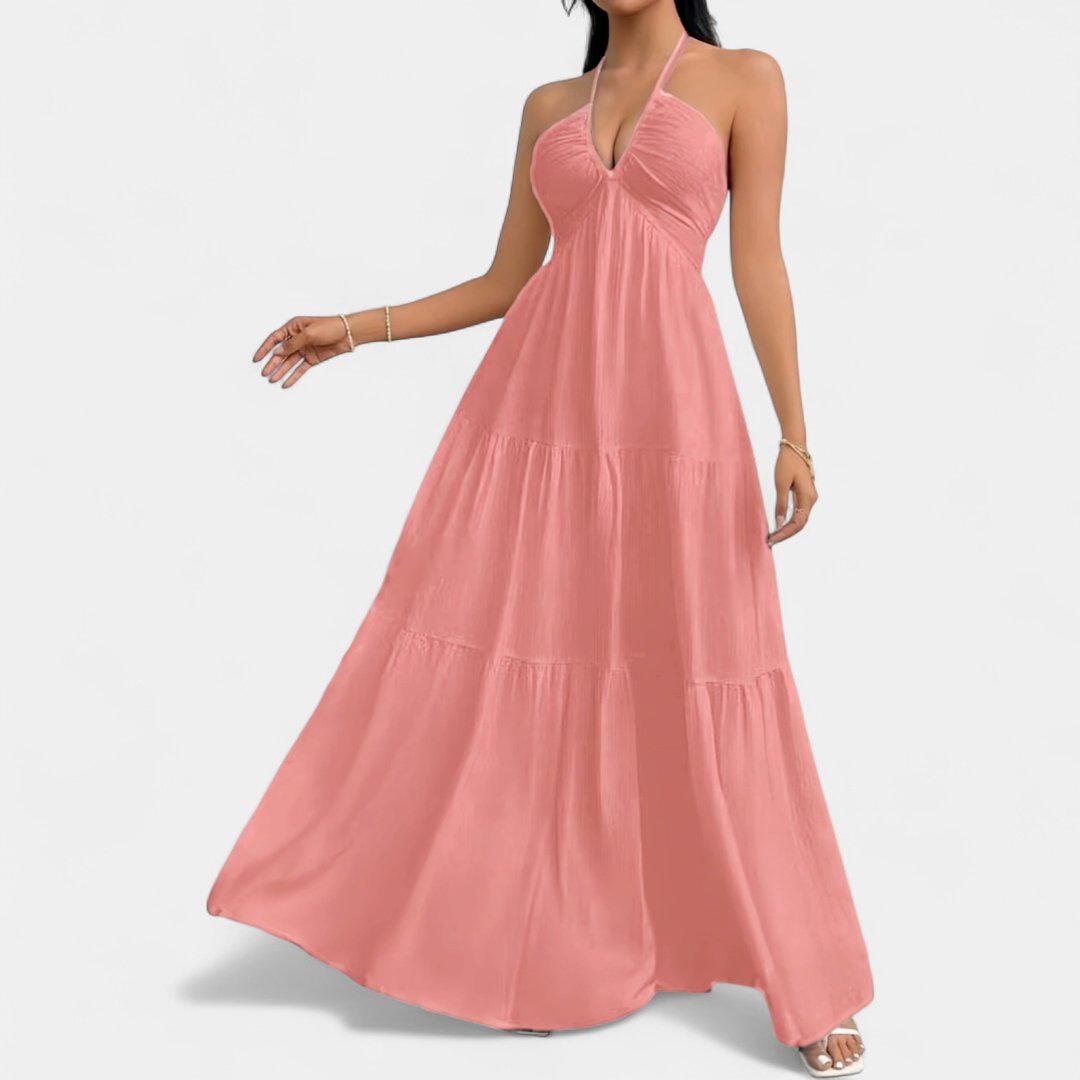 Women's Deep V Wedding Guest Maxi Dress, Halter Backless Tiered