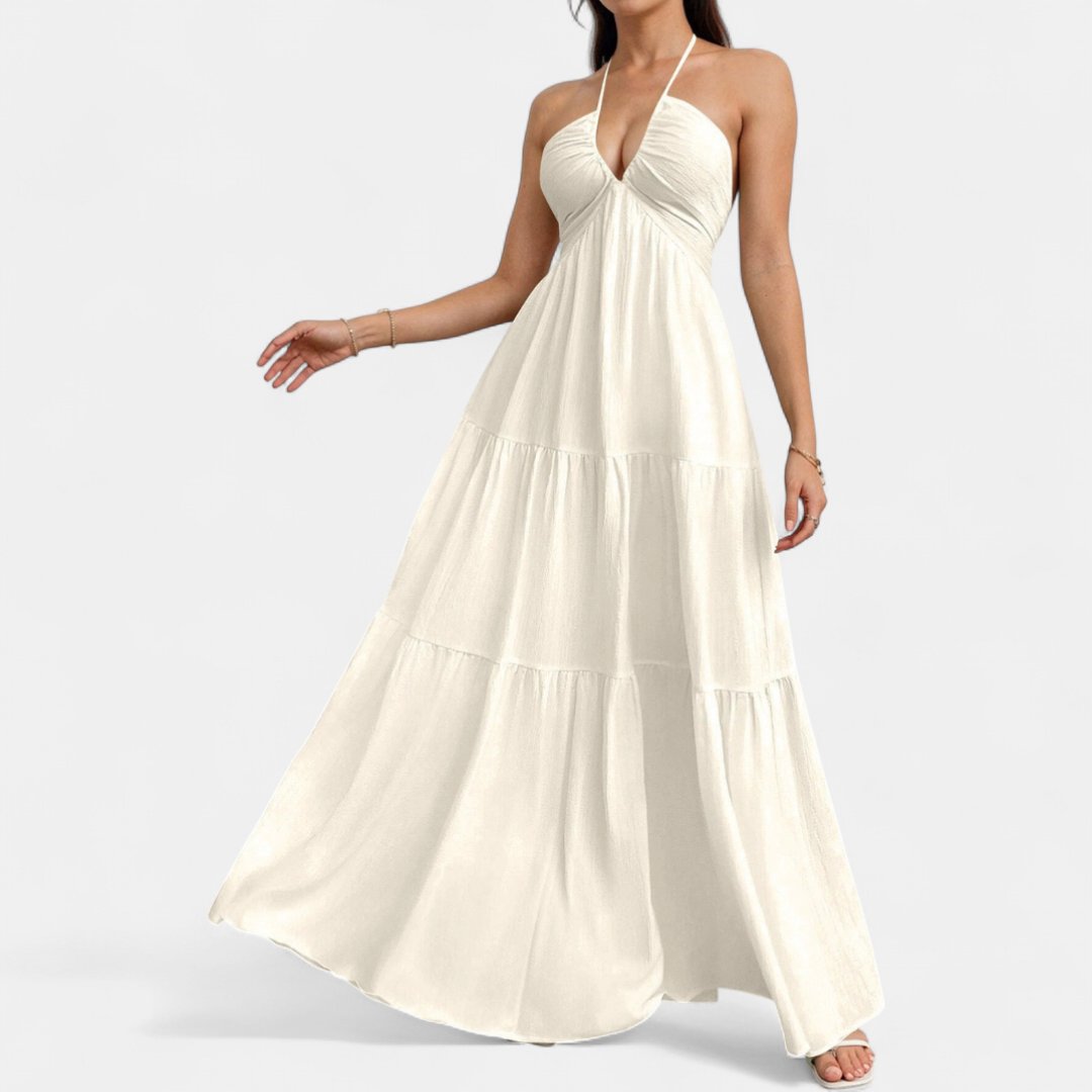 Women's Deep V Wedding Guest Maxi Dress, Halter Backless Tiered