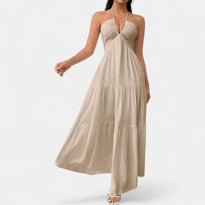 Women's Deep V Wedding Guest Maxi Dress, Halter Backless Tiered