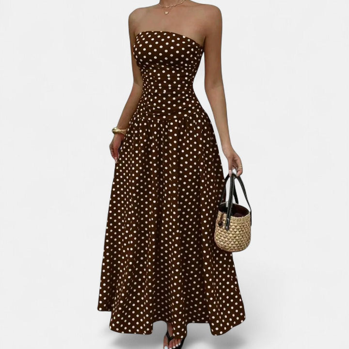 Women's Polka Dot Wedding Guest Maxi Dress, Strapless A Line